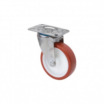 Rueda de poliuretano inyectado con pletina giratoria de acero inoxidable (aisi 304) ref. zvi inox-pol
