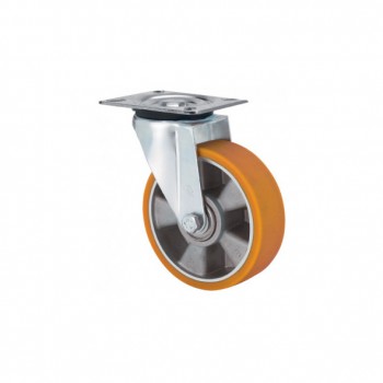 Rueda de poliuretano inyectado con nucleo de aluminio y pletina giratoria para altas cargas ref. zvr-aub